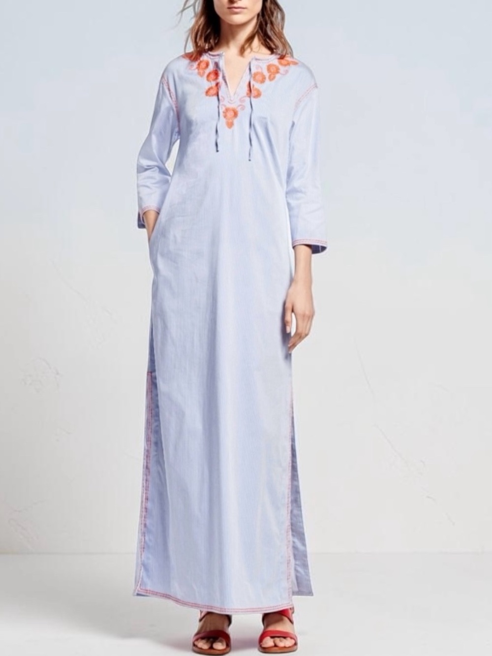 Brooks Brothers Light Blue Maxi Caftan with Coral Embroidery